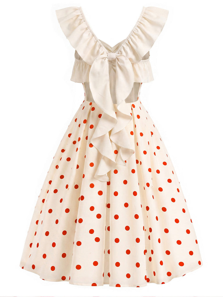 [Prevendita] Abito Rosso Crema Anni '50 Fiocco Schiena Scoperta a Pois 3