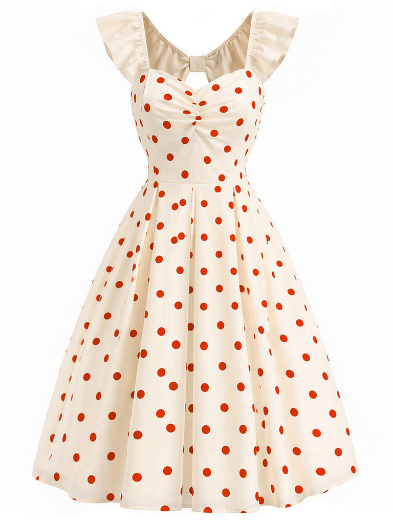 [Prevendita] Abito Rosso Crema Anni '50 Fiocco Schiena Scoperta a Pois 2
