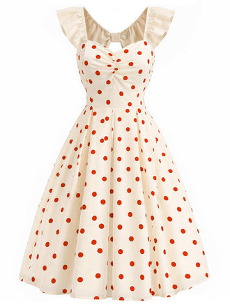 [Prevendita] Abito Rosso Crema Anni '50 Fiocco Schiena Scoperta a Pois 2