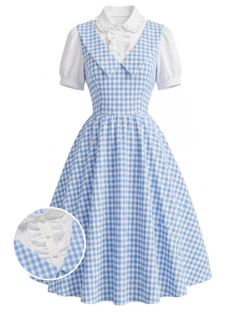 [Prevendita] Abito a Ruota Azzurro Chiaro Anni '50 Vichy Maniche a Sbuffo Finto Due Pezzi