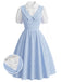 [Prevendita] Abito a Ruota Azzurro Chiaro Anni '50 Vichy Maniche a Sbuffo Finto Due Pezzi