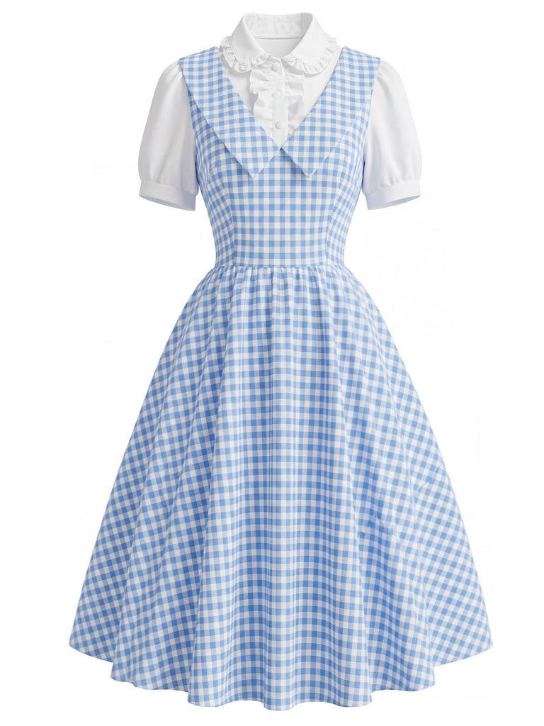 [Prevendita] Abito a Ruota Azzurro Chiaro Anni '50 Vichy Maniche a Sbuffo Finto Due Pezzi 2