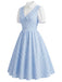 [Prevendita] Abito a Ruota Azzurro Chiaro Anni '50 Vichy Maniche a Sbuffo Finto Due Pezzi 3