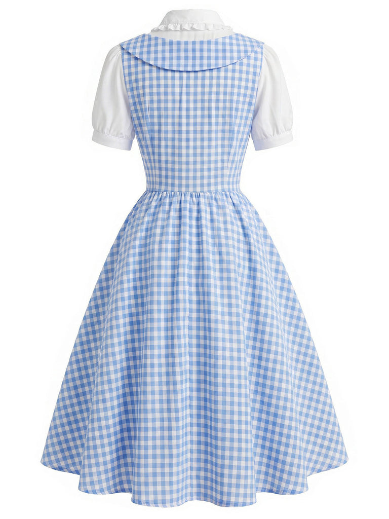 [Prevendita] Abito a Ruota Azzurro Chiaro Anni '50 Vichy Maniche a Sbuffo Finto Due Pezzi 4