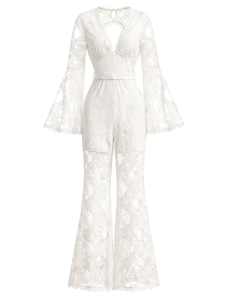 [Prevendita] Tuta Lunga Bianca Scollo a V in Pizzo Halter con Fiocco in Vita Anni '60 2