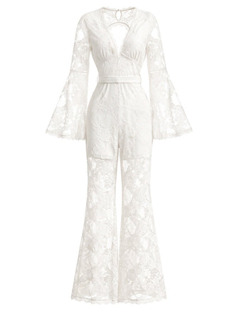 [Prevendita] Tuta Lunga Bianca Scollo a V in Pizzo Halter con Fiocco in Vita Anni '60 2