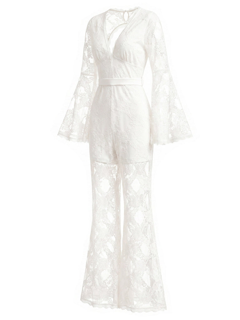 [Prevendita] Tuta Lunga Bianca Scollo a V in Pizzo Halter con Fiocco in Vita Anni '60 3