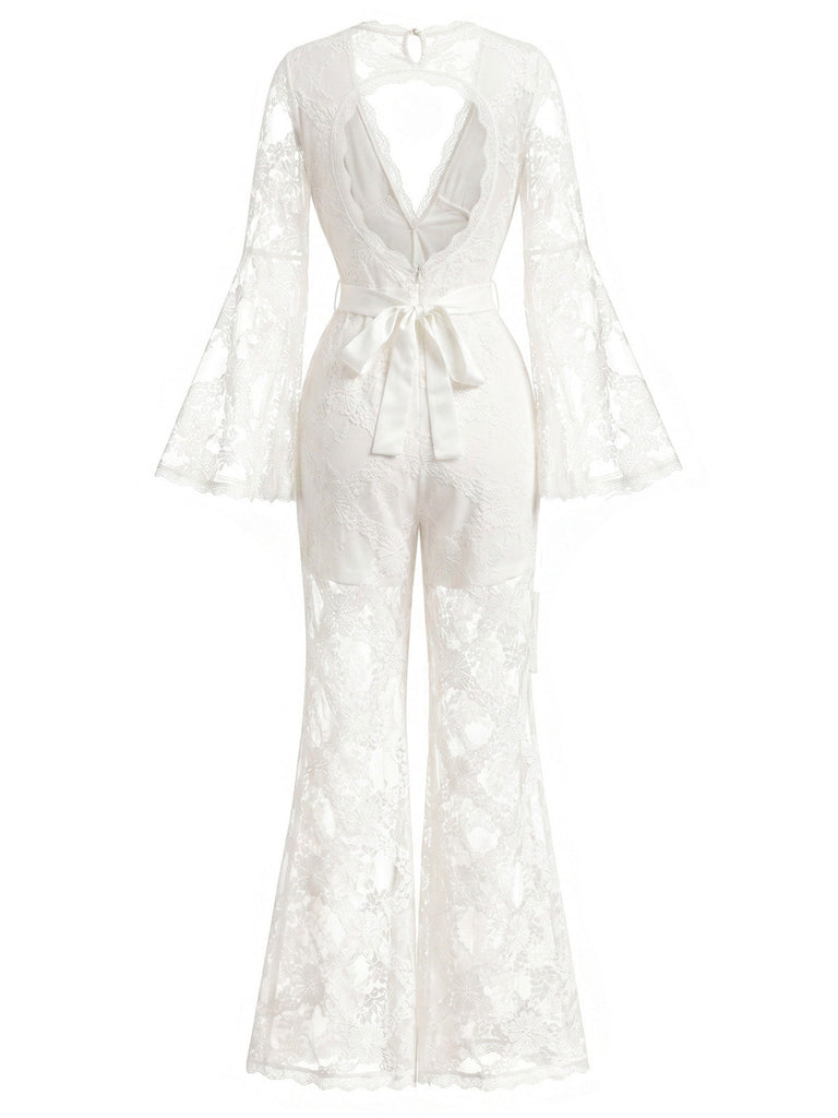 [Prevendita] Tuta Lunga Bianca Scollo a V in Pizzo Halter con Fiocco in Vita Anni '60 4