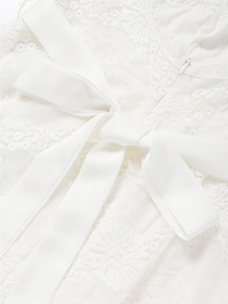 [Prevendita] Tuta Lunga Bianca Scollo a V in Pizzo Halter con Fiocco in Vita Anni '60 5