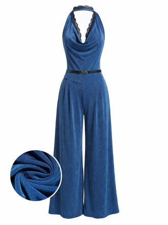 [Prevendita] Tuta Lunga Blu Anni '80 in Pizzo con Bordo con Scollo all'Americana con Cintura a Gamba Larga