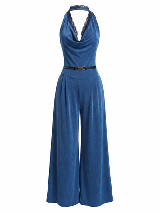 [Prevendita] Tuta Lunga Blu Anni '80 in Pizzo con Bordo con Scollo all'Americana con Cintura a Gamba Larga 2