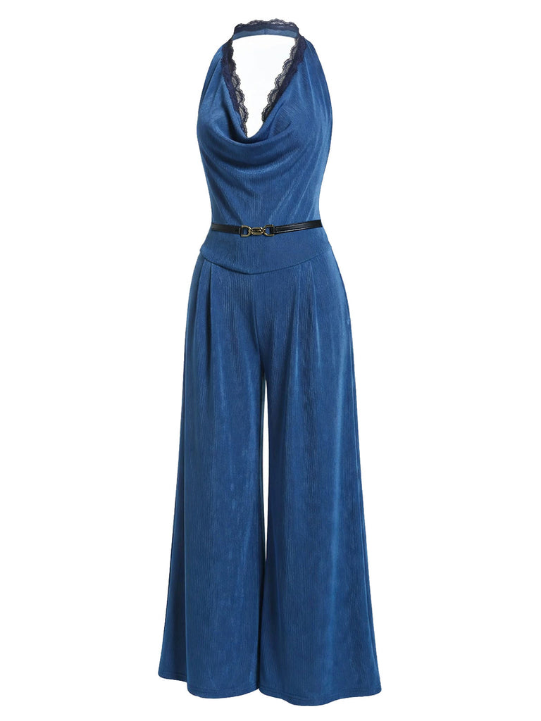 [Prevendita] Tuta Lunga Blu Anni '80 in Pizzo con Bordo con Scollo all'Americana con Cintura a Gamba Larga 3