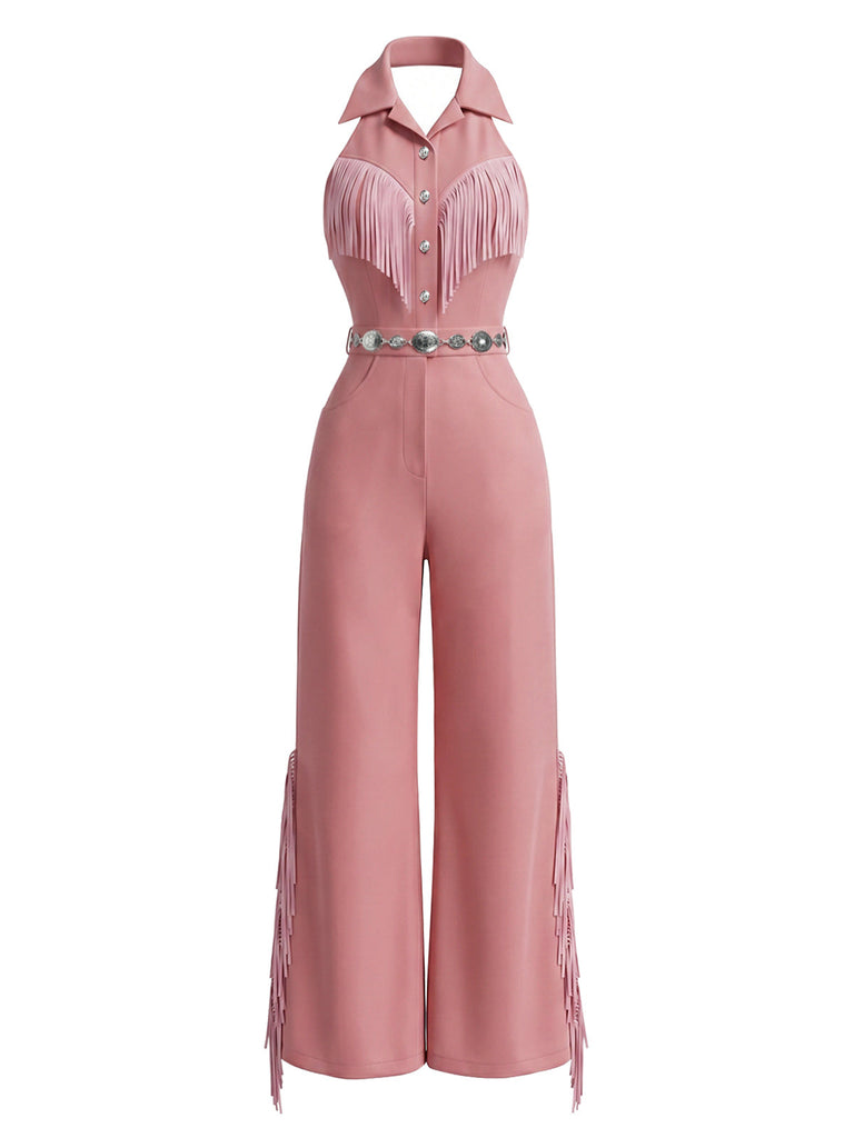 [Prevendita] Tuta Rosa Western con Bavero Halter Frange e Gamba Larga Anni '70 2