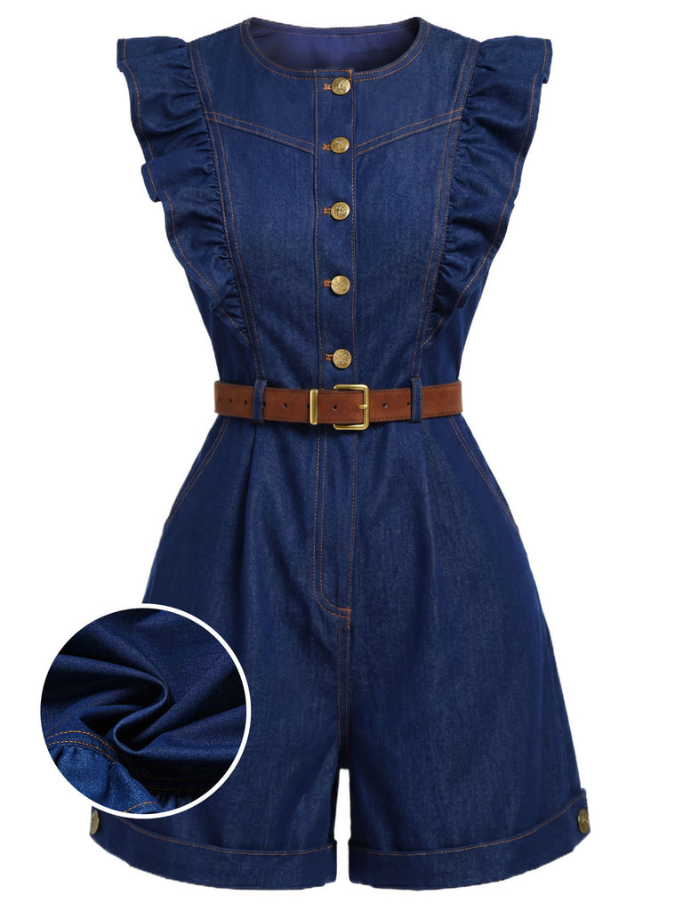 [Prevendita] Pagliaccetto Girocollo in Denim con Maniche a Volant e Cintura Blu Scuro Anni '70 2