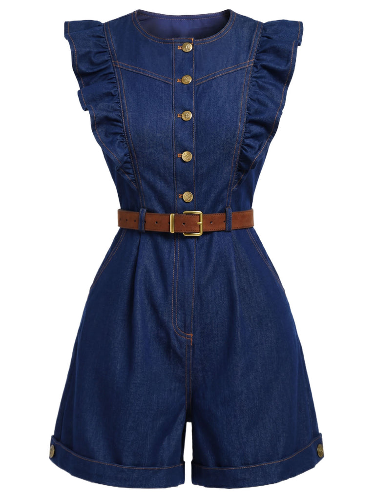 [Prevendita] Pagliaccetto Girocollo in Denim con Maniche a Volant e Cintura Blu Scuro Anni '70 3