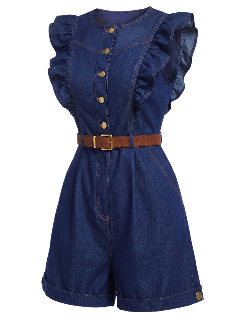 [Prevendita] Pagliaccetto Girocollo in Denim con Maniche a Volant e Cintura Blu Scuro Anni '70 4