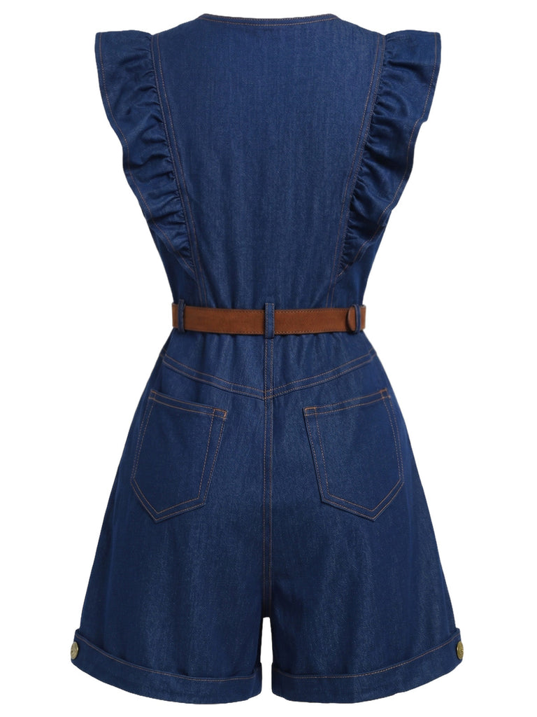 [Prevendita] Pagliaccetto Girocollo in Denim con Maniche a Volant e Cintura Blu Scuro Anni '70 5