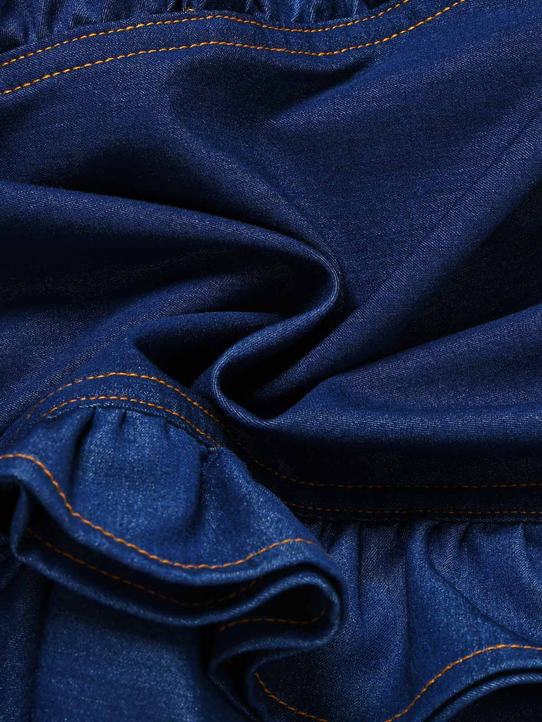 [Prevendita] Pagliaccetto Girocollo in Denim con Maniche a Volant e Cintura Blu Scuro Anni '70 6