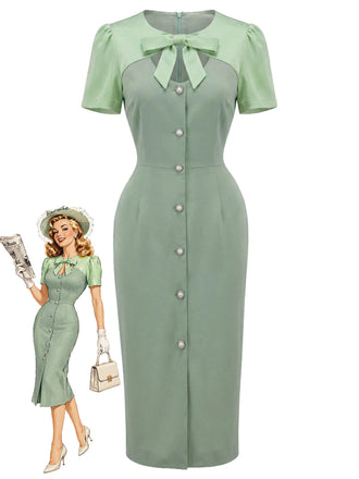 [Prevendita] Abito a Matita Verde con Fiocco Traforato Color Block Anni '60
