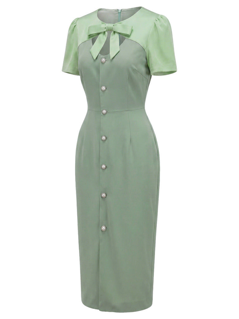 [Prevendita] Abito a Matita Verde con Fiocco Traforato Color Block Anni '60 3