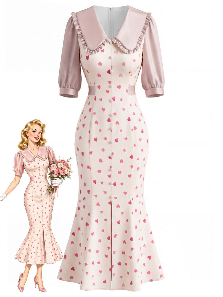 [Prevendita] Abito a Sirena Rosa Anni '30 Floreale Scollo a V con Volant Collar