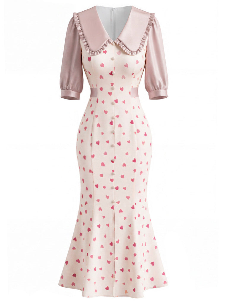 [Prevendita] Abito a Sirena Rosa Anni '30 Floreale Scollo a V con Volant Collar 2