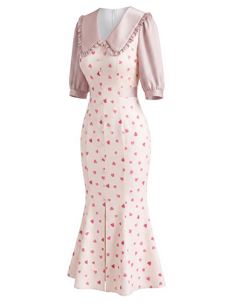 [Prevendita] Abito a Sirena Rosa Anni '30 Floreale Scollo a V con Volant Collar 3