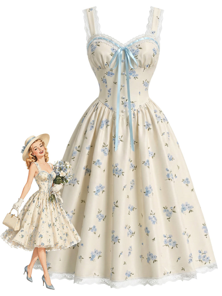 [Prevendita] Abito ad Ombrello Azzurro Floreale con Volant e Fiocco Anni '50