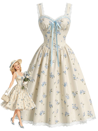[Prevendita] Abito ad Ombrello Azzurro Floreale con Volant e Fiocco Anni '50