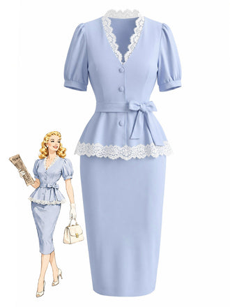 [Prevendita] Set 2 Pezzi Azzurro Top Scollo a V in Pizzo e Gonna Aderente Anni '40