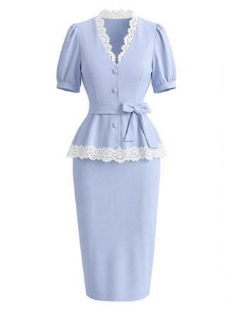 [Prevendita] Set 2 Pezzi Azzurro Top Scollo a V in Pizzo e Gonna Aderente Anni '40 2