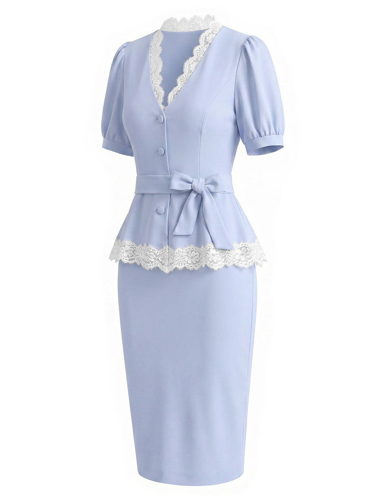 [Prevendita] Set 2 Pezzi Azzurro Top Scollo a V in Pizzo e Gonna Aderente Anni '40 3