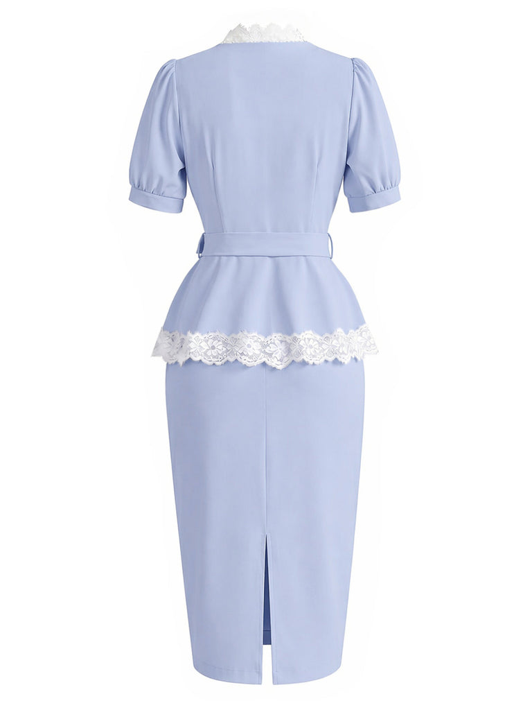 [Prevendita] Set 2 Pezzi Azzurro Top Scollo a V in Pizzo e Gonna Aderente Anni '40 4