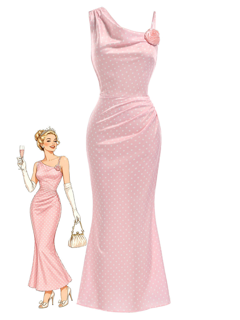 [Prevendita] Abito a Sirena Rosa a Pois con Rose 3D in Raso Anni '30
