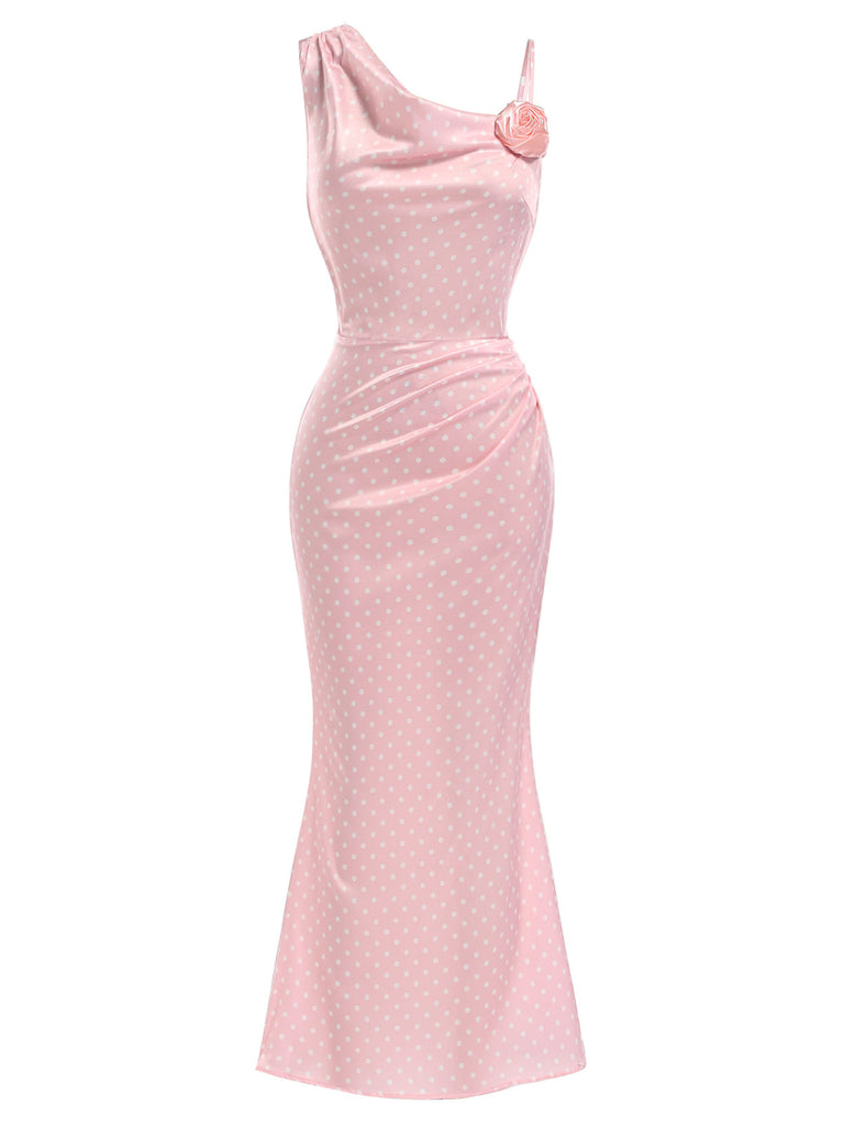 [Prevendita] Abito a Sirena Rosa a Pois con Rose 3D in Raso Anni '30 2