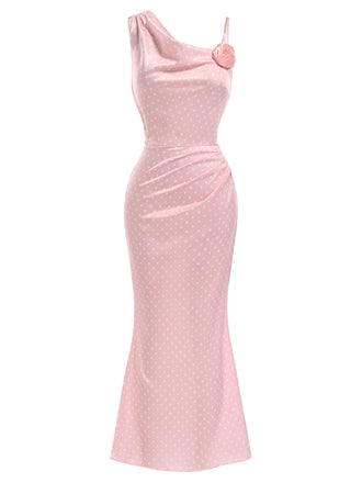 [Prevendita] Abito a Sirena Rosa a Pois con Rose 3D in Raso Anni '30 2