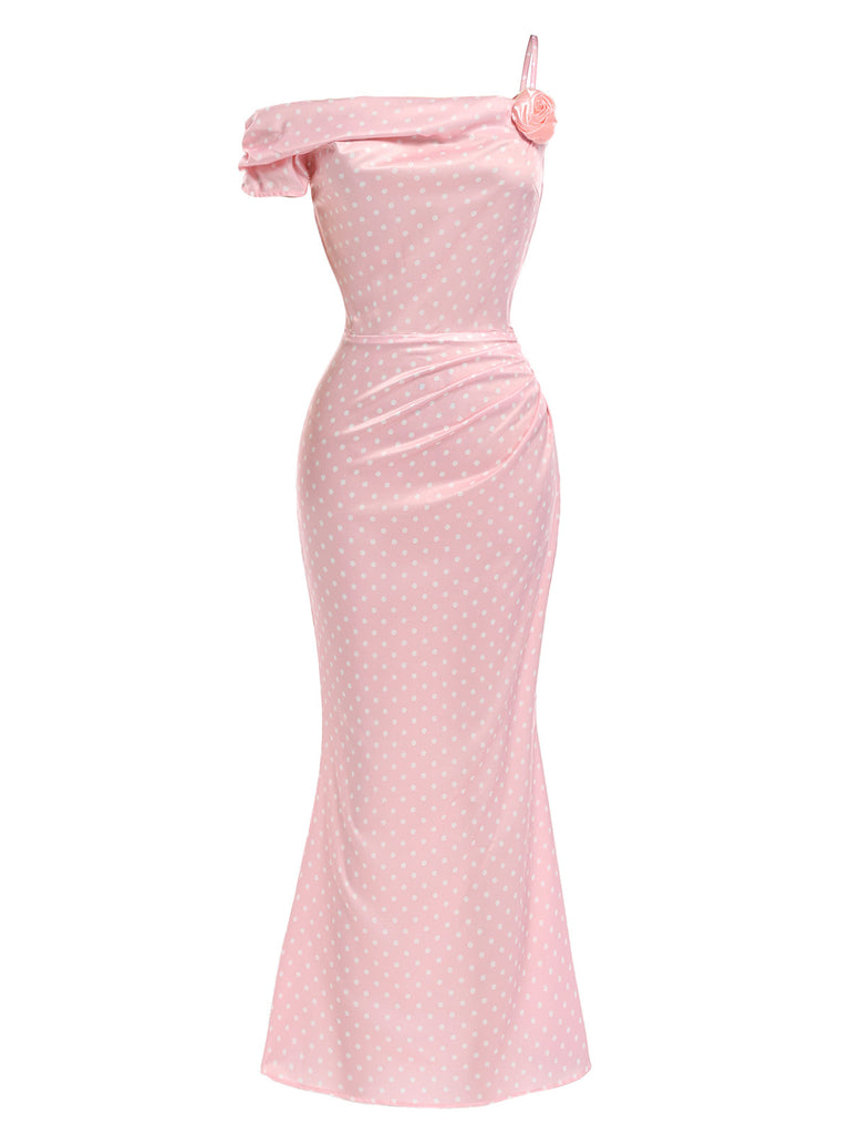 [Prevendita] Abito a Sirena Rosa a Pois con Rose 3D in Raso Anni '30 3