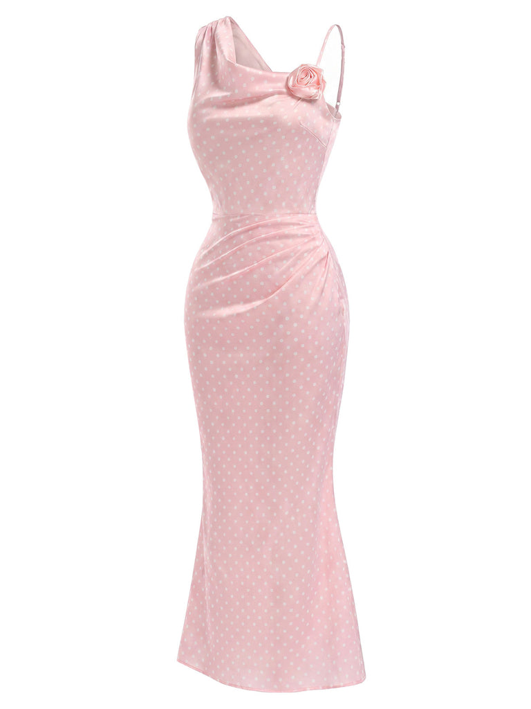 [Prevendita] Abito a Sirena Rosa a Pois con Rose 3D in Raso Anni '30 4
