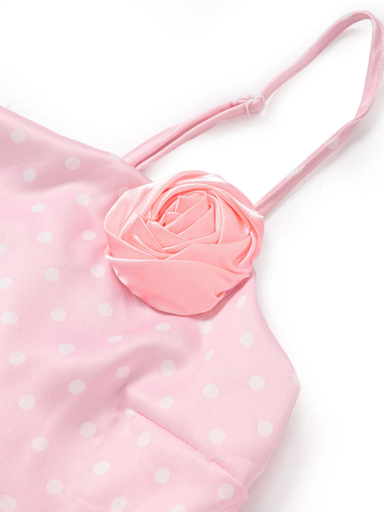 [Prevendita] Abito a Sirena Rosa a Pois con Rose 3D in Raso Anni '30 8