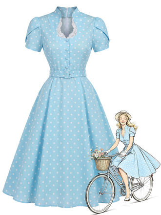 [Prevendita] Abito Blu a Pois Scollo Keyhole Maniche a Tulipano con Cintura Anni '50
