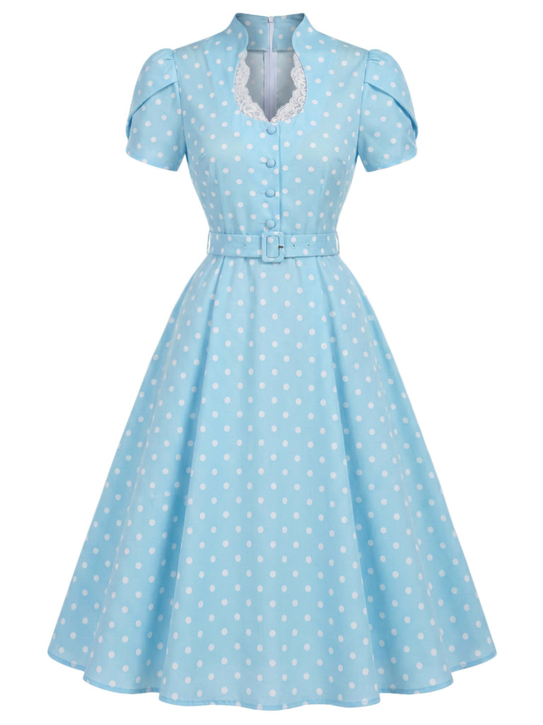 [Prevendita] Abito Blu a Pois Scollo Keyhole Maniche a Tulipano con Cintura Anni '50 2