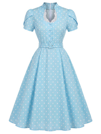 [Prevendita] Abito Blu a Pois Scollo Keyhole Maniche a Tulipano con Cintura Anni '50 2
