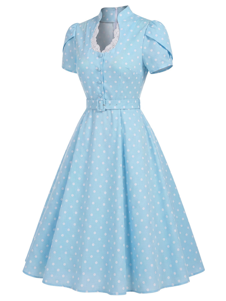 [Prevendita] Abito Blu a Pois Scollo Keyhole Maniche a Tulipano con Cintura Anni '50 3
