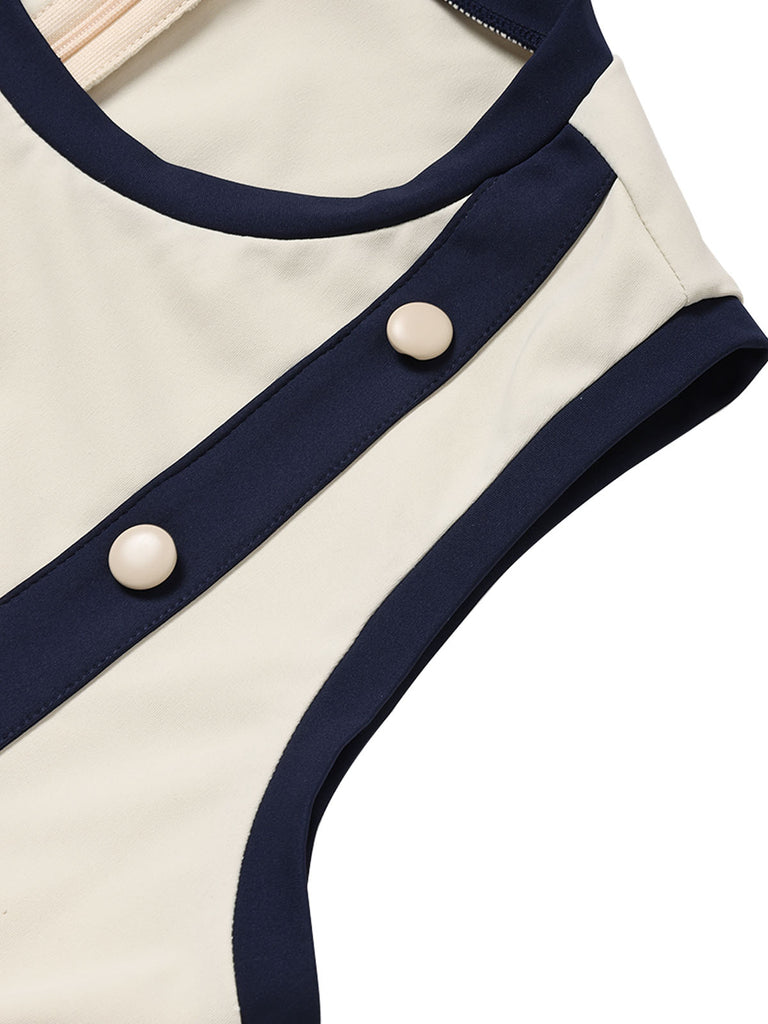 [Prevendita] Tuta Corta Beige con Bordo a Contrasto e Fiocco in Vita Anni '70 6