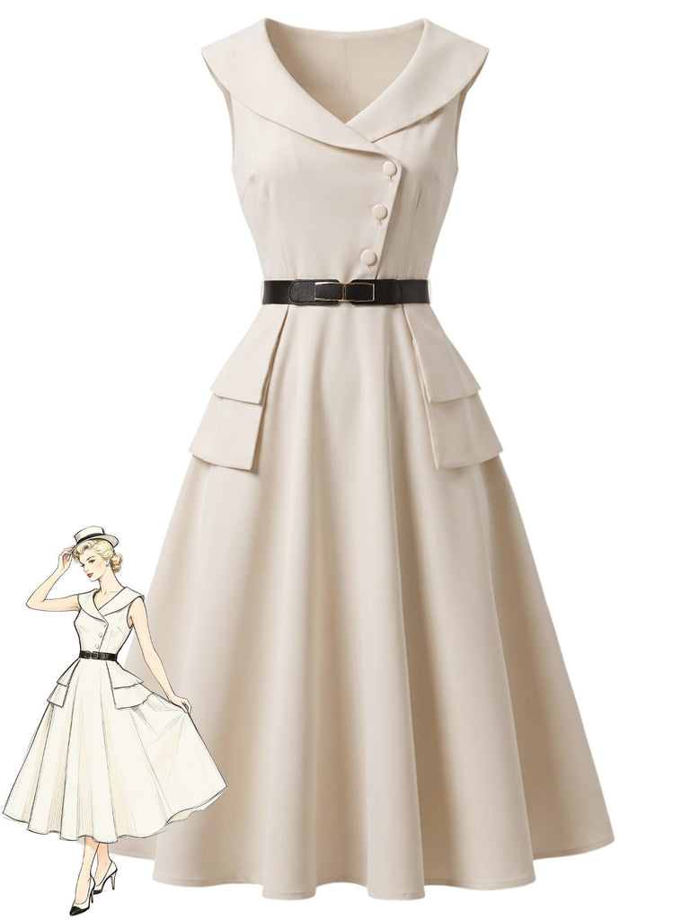 [Prevendita] Abito Svasato Beige con Revers e Cintura Anni '50