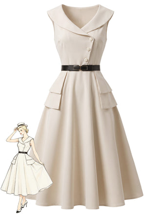 [Prevendita] Abito Svasato Beige con Revers e Cintura Anni '50