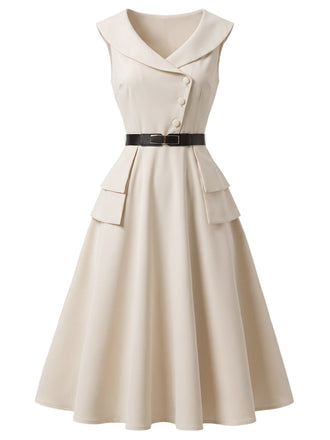 [Prevendita] Abito Svasato Beige con Revers e Cintura Anni '50 2