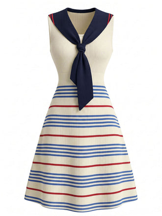 [Prevendita] Abito Crema a Righe Colletto alla Marinara in Maglia Anni '70 2