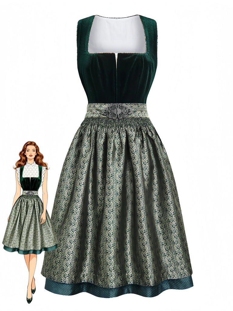 3 Pezzi Abito Scollo Quadrato in Velluto Jacquard con Grembiule e Top in Pizzo Verde Anni '50 4