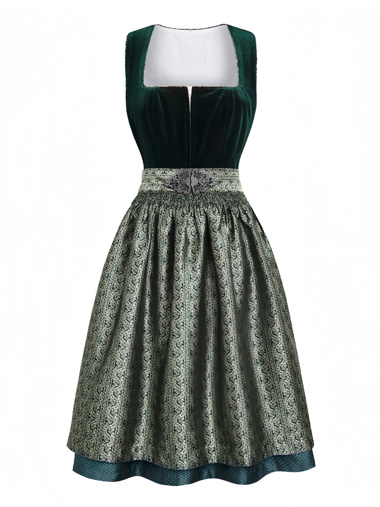 2 Pezzi Abito Scollo Quadrato in Velluto Jacquard con Grembiule Verde Anni '50 2